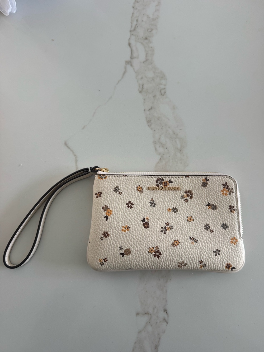 Michael Kors Cream Floral Wristlet Clutch with Black Strap